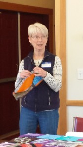 Sue Arnold showed a zippered bag, lined, with inside pockets, that she made from the Improv class we had on April 18th, taught by Bonnie Dwyer.